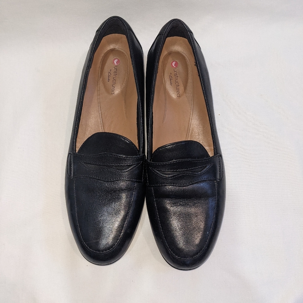 Clarks Unstructured Black Leather Penny Loafers Size 7 - Picture 5 of 13
